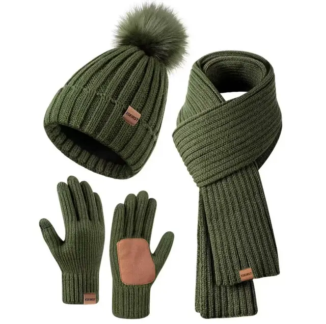 9 color Men's And Women's Knitted Hat Scarf Gloves Dark Green Suit - Shop at LoveMi
