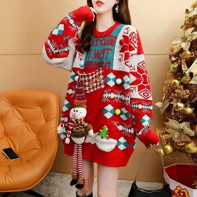 Versatile Loose Round neck Red Christmas Sweater Women Red - Shop at LoveMi