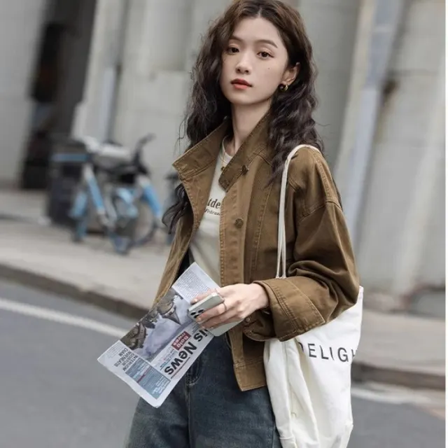 Korean Retro Workwear Stand collar Jacket For Women Tea Coffee Color - Shop at LoveMi
