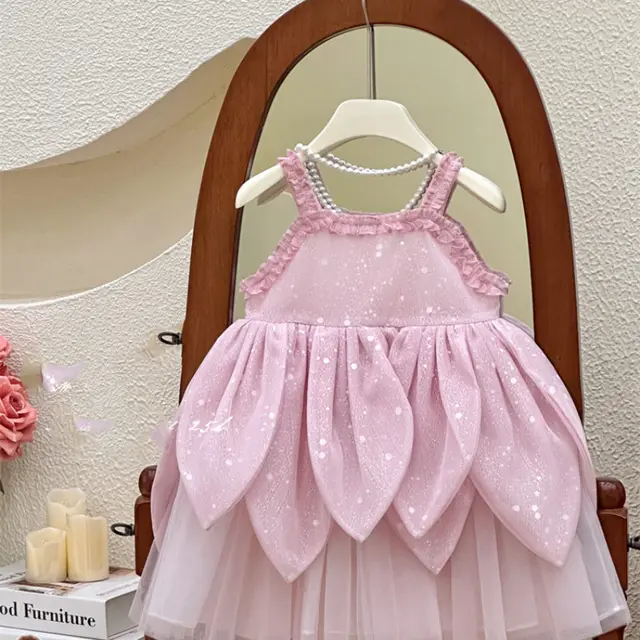 Girl's Summer Flower Strap Dress Children's Super Fairy Petal French High end Birthday Princess Pink - Shop at LoveMi