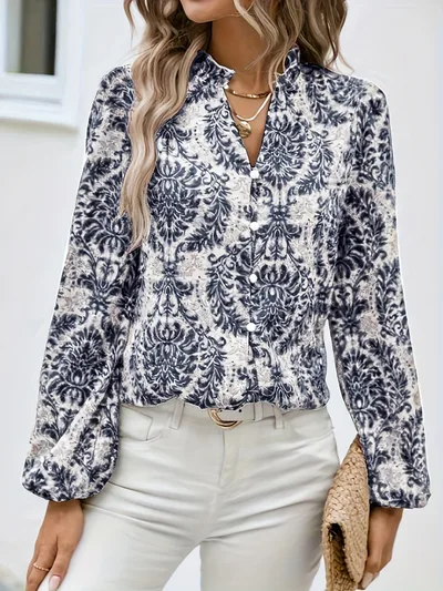 Full Print Lantern Sleeve Ruffled Trim Shirt Navy - Shop at LoveMi