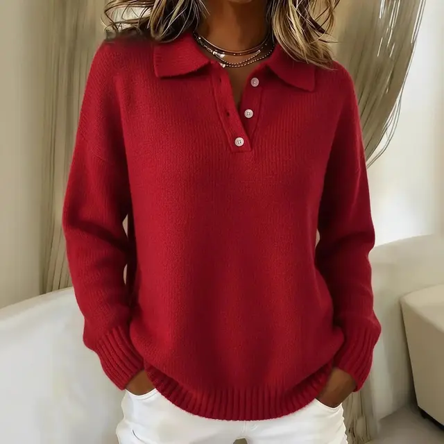 Loose And Soft Women's Lapel Long Sleeve Button Sweater Red - Shop at LoveMi