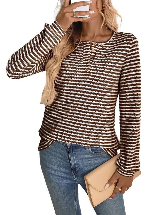 European And American Pineapple Grid Casual Button Round Neck T shirt Knitted Long Sleeve Brown - Shop at LoveMi