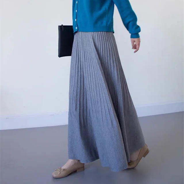 New High waisted Slimming Knitted Pleated Skirt Gray - Shop at LoveMi