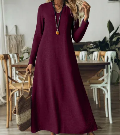 Loose Slim fit Solid Color Long Sleeve Maxi Dress Dark Red - Shop at LoveMi