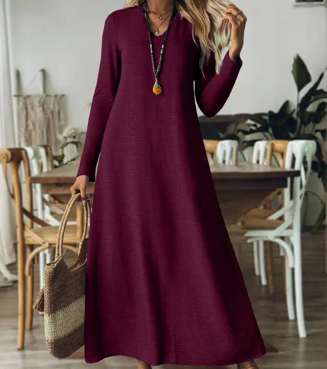 Loose Slim-fit Solid Color Long Sleeve Maxi Dress - Dark Red