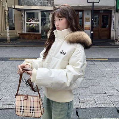 American Winter Short Faux Fur Collar Padded Coat For Women Beige - Shop at LoveMi