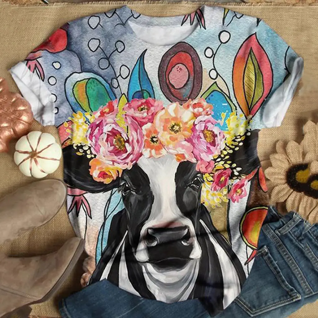 Fashionable Women's T-Shirt With Bull-Head Print Crew Neck And Short Sleeves - 2 Style