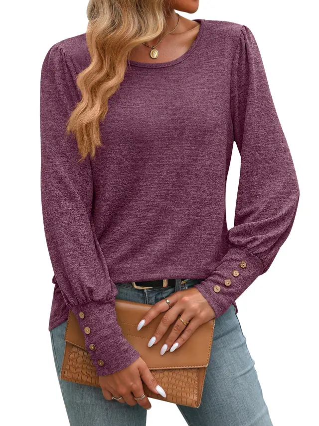 New Bubble sleeve Crew neck Button up Long sleeve Shirt Purplish Red - Shop at LoveMi