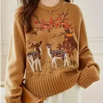 Loose Fit Short Sleeve Sweater Embroidered Deer Plum - Red