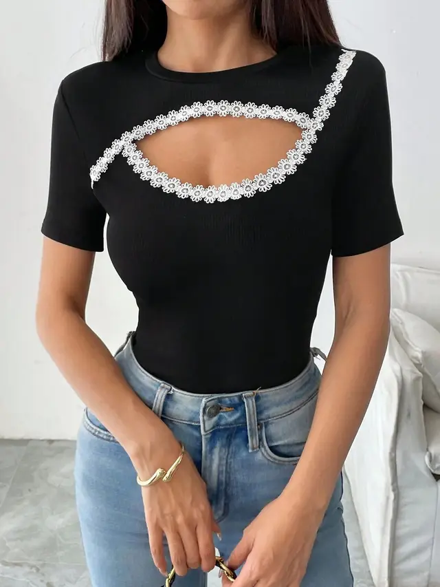Women's Fashion Round Neck Short Sleeve T Shirt Black - Shop at LoveMi