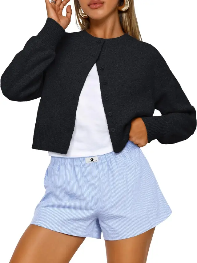 Buttoned Long sleeve Crew neck Solid color Cropped Knit Sweater Black - Shop at LoveMi