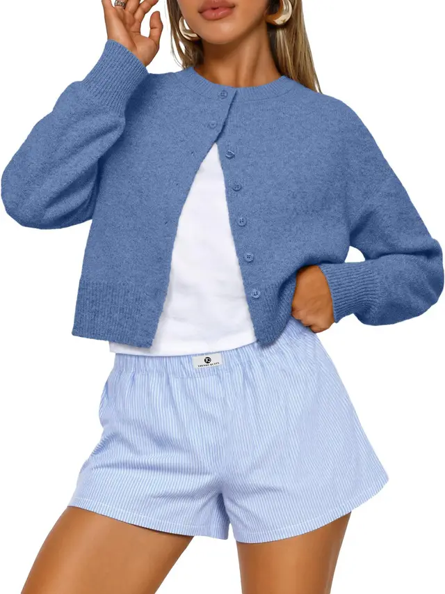 Buttoned Long sleeve Crew neck Solid color Cropped Knit Sweater Blue - Shop at LoveMi
