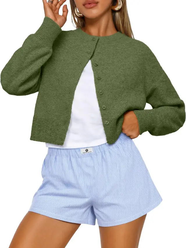 Buttoned Long sleeve Crew neck Solid color Cropped Knit Sweater Green - Shop at LoveMi