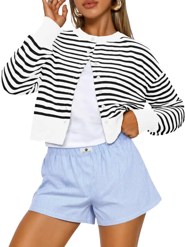 Buttoned Long sleeve Crew neck Solid color Cropped Knit Sweater White And Black - Shop at LoveMi