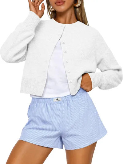 Buttoned Long sleeve Crew neck Solid color Cropped Knit Sweater White - Shop at LoveMi