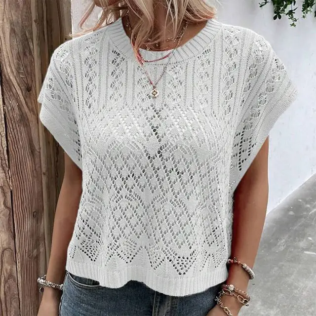 Knitted Hollow out Crew neck Pullover Bikini Swimsuit Dress Sun protective Top Beige - Shop at LoveMi