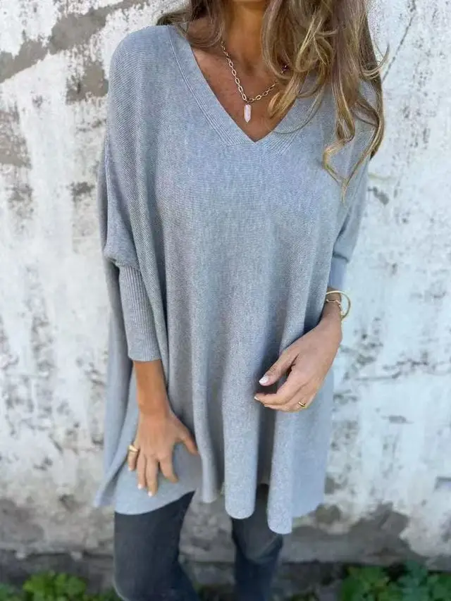 New Autumnwinter Women's Long sleeve Knitted V neck Loose fitting Long Top Gray - Shop at LoveMi