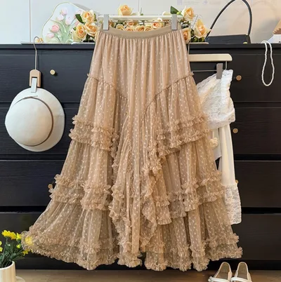 Sweet Floral Mesh Maxi Dress With Intricate Ruffle Detailing And Asymmetrical Hemversatile And Chic Coffee - Shop at LoveMi