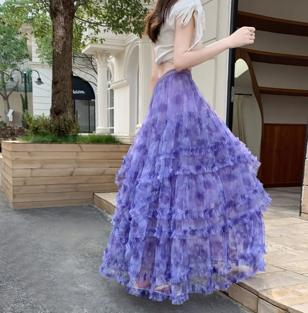 Sweet Floral Mesh Maxi Dress With Intricate Ruffle Detailing And Asymmetrical Hemversatile And Chic - Colorful Purple - View 1