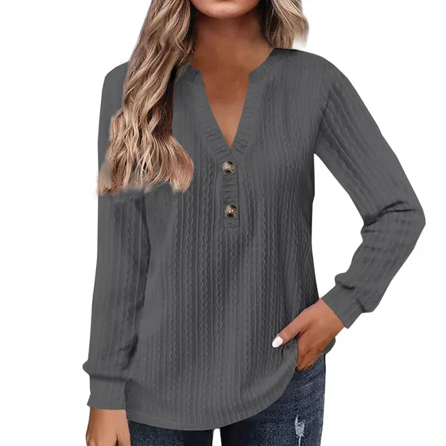 Women's Solid color Long sleeve V neck Button T shirt Top Dark Gray - Shop at LoveMi
