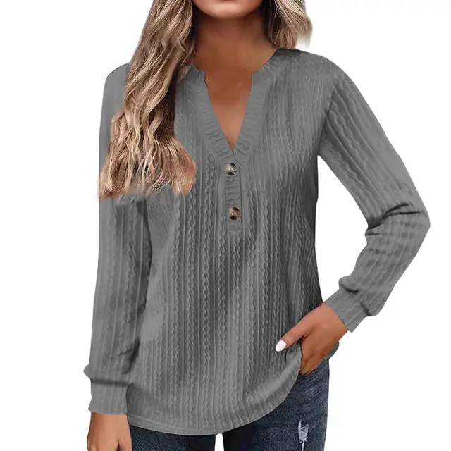 Women's Solid color Long sleeve V neck Button T shirt Top Light Gray - Shop at LoveMi