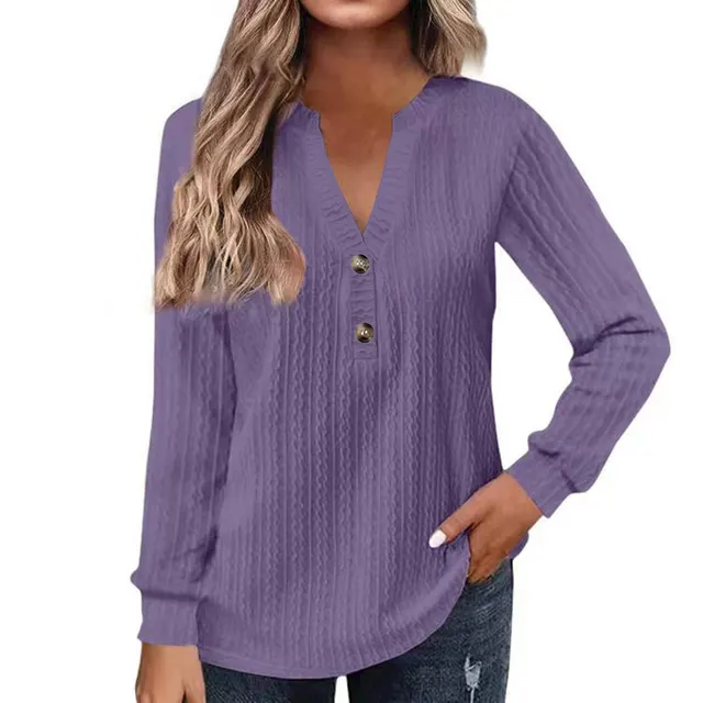 Women's Solid color Long sleeve V neck Button T shirt Top Purple - Shop at LoveMi