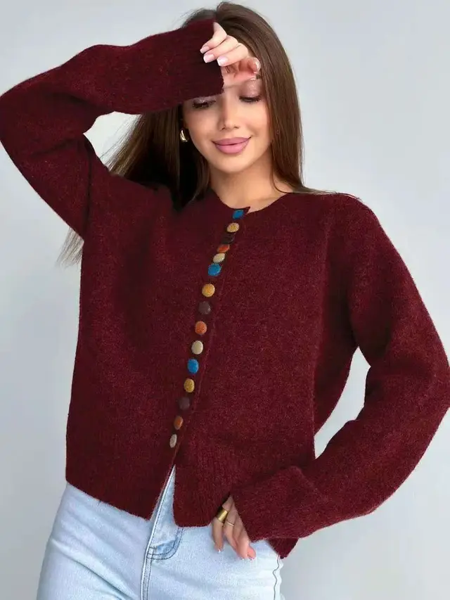 New Colorful button Knitted Cardigan FallWinter Wine Red - Shop at LoveMi