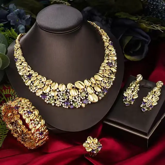 Exaggerated Necklace And Earring Wedding Set, Luxurious And Fashionable Olive Purple - Shop at LoveMi