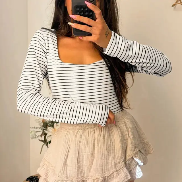 Women's Striped Slim fit U neck Long sleeve Top Black - Shop at LoveMi