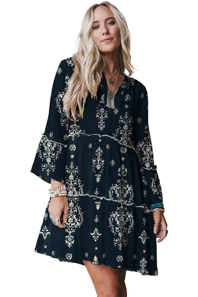 Women's V neck Printed Ruffle Pleated Elegant Dress Black - Shop at LoveMi