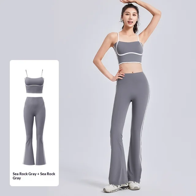 Juyitang Peach Line Yoga Set High Elastic Strappy Tank Top And High Waist Pants Combo Sea Rock Gray - Shop at LoveMi