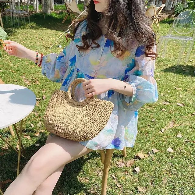 Doll collar Top Summer Loose fit Vintage Puff sleeve Blouse Light Blue Pattern - Shop at LoveMi