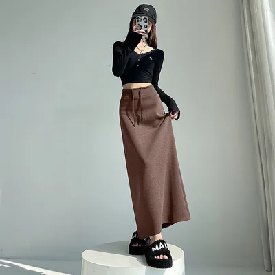 Gray Athletic High waist Straight leg Slit A line Maxi Skirt Brown - Shop at LoveMi