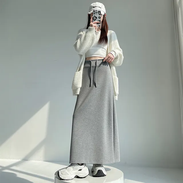 Gray Athletic High waist Straight leg Slit A line Maxi Skirt Flower Gray - Shop at LoveMi