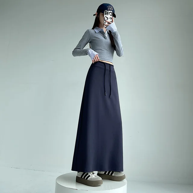 Gray Athletic High waist Straight leg Slit A line Maxi Skirt Navy Blue - Shop at LoveMi