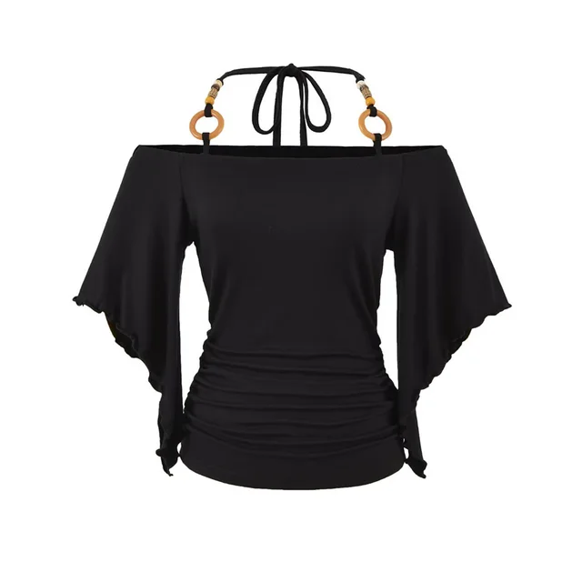 Women's Retro Off the Shoulder Beaded Halter Neck Top Black - Shop at LoveMi