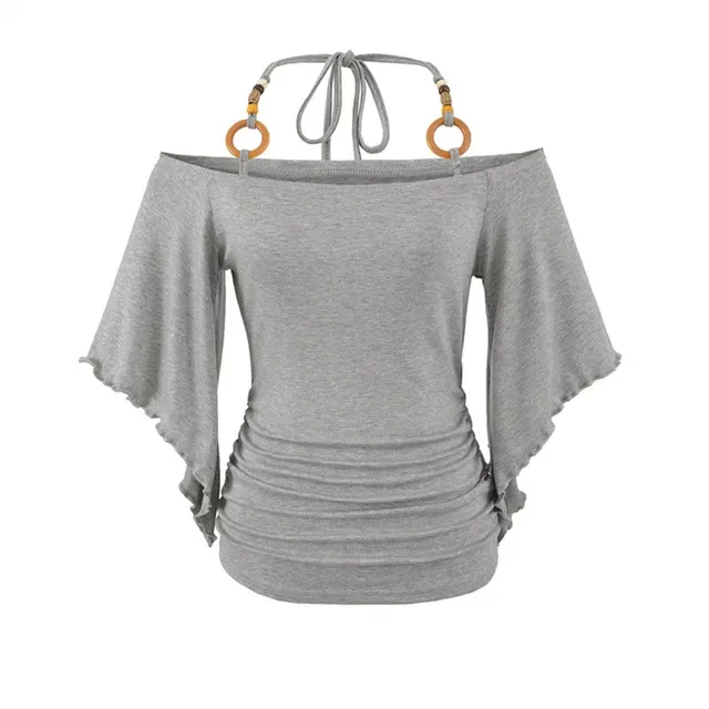 Women's Retro Off the Shoulder Beaded Halter Neck Top Gray - Shop at LoveMi
