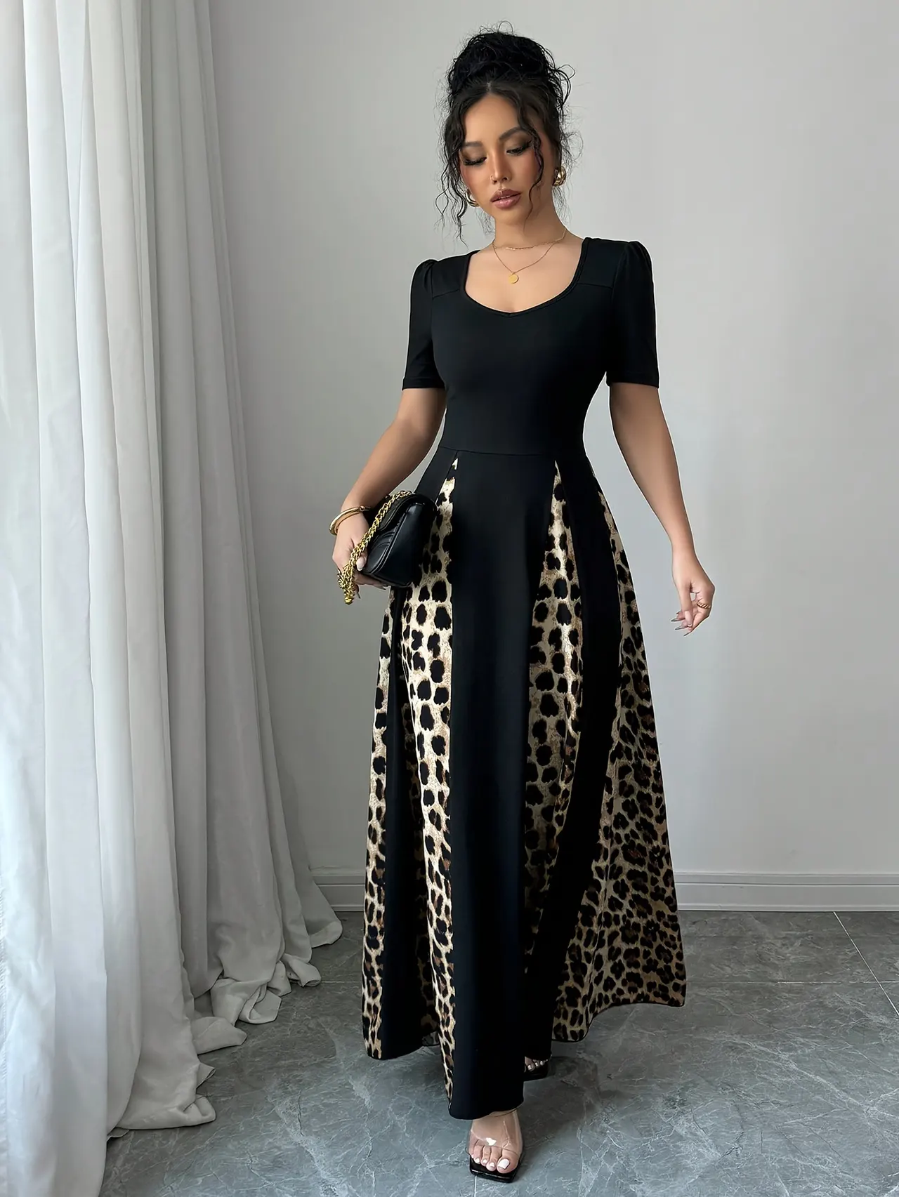 Women's Leopard-print Contrast-colour Dress - Black