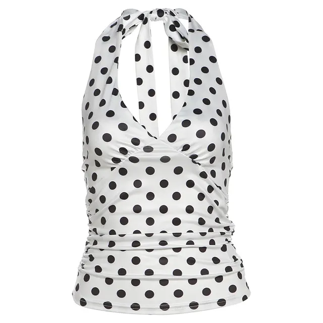 Sexy Black Polka Dot Printed All Match Backless V Neck Halter Neck Bodycon Tank Top White - Shop at LoveMi