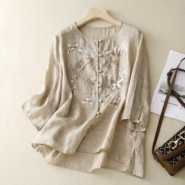 Women's Casual Embroidered Shirt Made Of Cotton And Linen Apricot - Shop at LoveMi