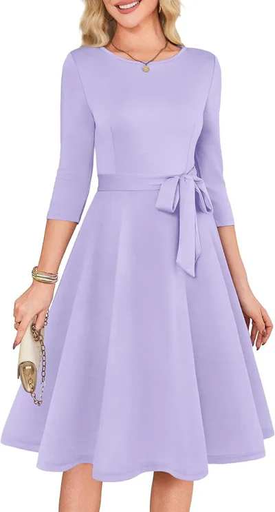 New Solid Color Cocktail Dress With 34 Sleeves, Vintage Style, Elegant Round Neck Gown For Wedding Guests Purple - Shop at LoveMi