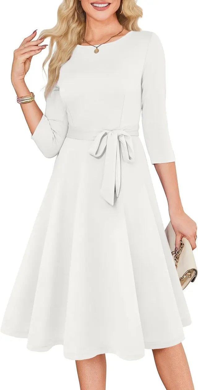 New Solid Color Cocktail Dress With 34 Sleeves, Vintage Style, Elegant Round Neck Gown For Wedding Guests White - Shop at LoveMi