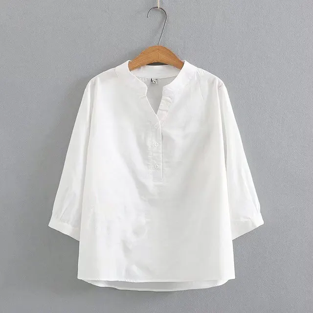 Loose Cotton Linen Top Three quarter Color Shirt White - Shop at LoveMi