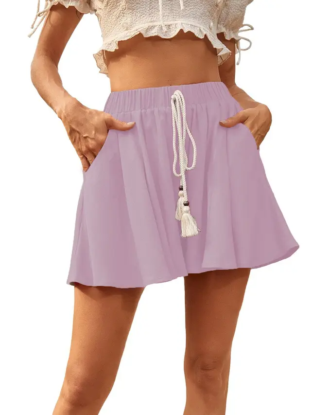 Women's Drawstring Solid color Cotton linen Shorts Purple - Shop at LoveMi