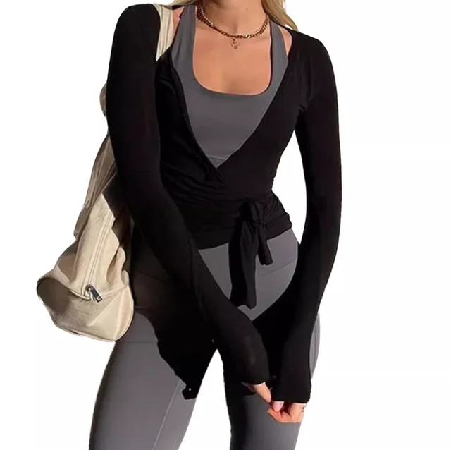 Solid Color Long Sleeved Sports Top Black - Shop at LoveMi