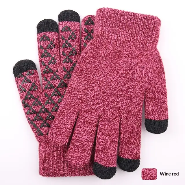 Knitted Winter Warm Touchscreen Gloves Made Of Wool Women'S Wine Red - Shop at LoveMi