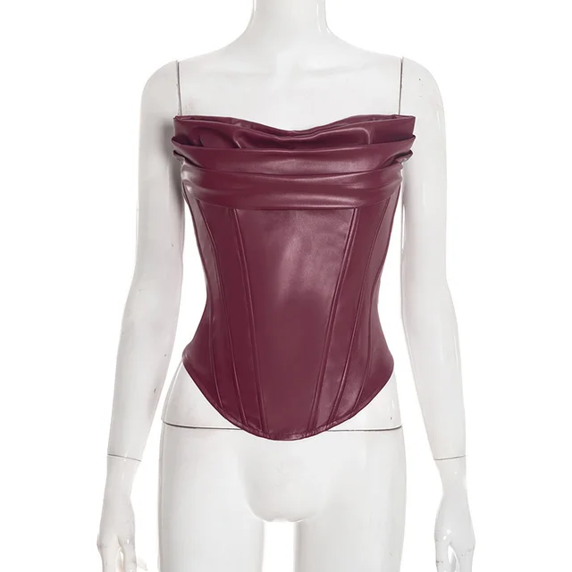 Women's PU Leather Fishbone Strap Corset Sleeveless Top Wine Red - Shop at LoveMi