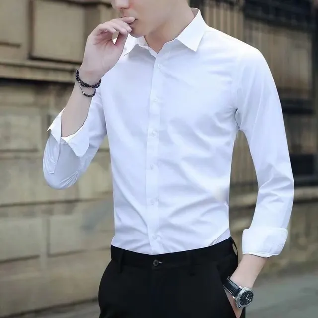 Men's White Long sleeve Shirt Trendy Business Slim fit For Work White - Shop at LoveMi