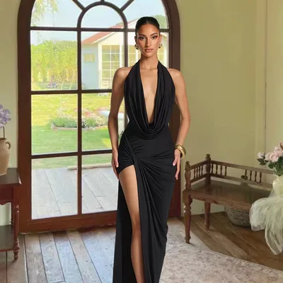 Sexy Deep V Halter Bodycon Slit Maxi Dress Black - Shop at LoveMi